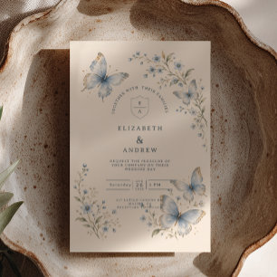 Convite Casamento no Jardim de Borboletas Azul Desbotado