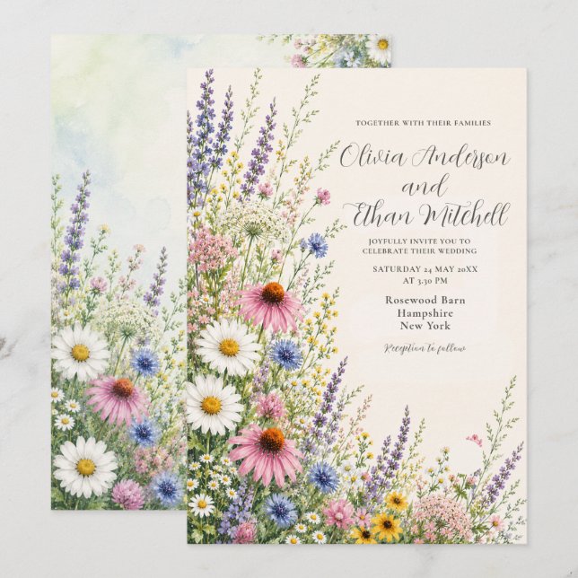 Convite Casamento no Jardim de Flores Silvestres de Verão (Frente/Verso)