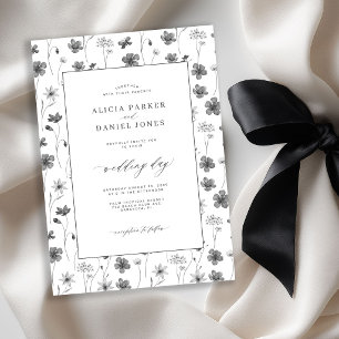 Convite Casamento no jardim de flores silvestres preto e b