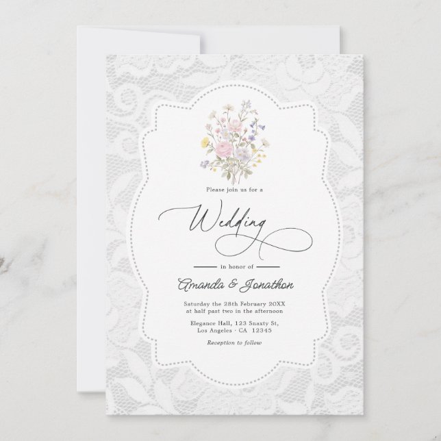 Convite Casamento no Jardim de Flores Silvestres Romântico (Frente)