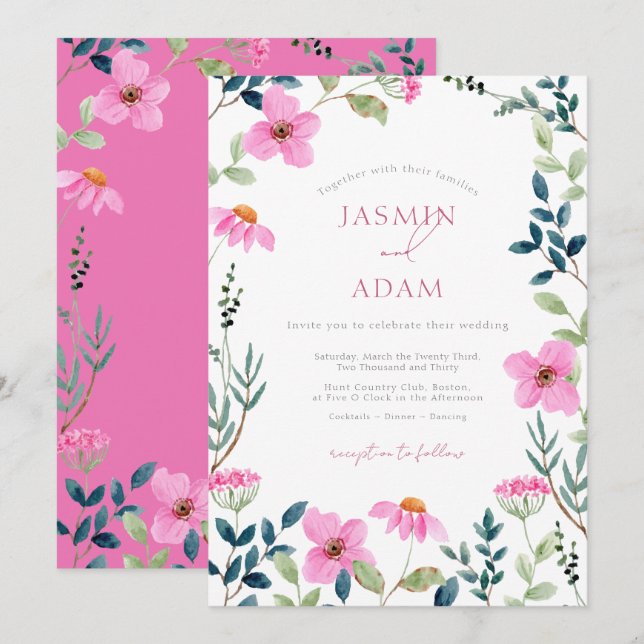 Convite Casamento no Jardim de Flores Silvestres Rosa Eleg (Frente/Verso)