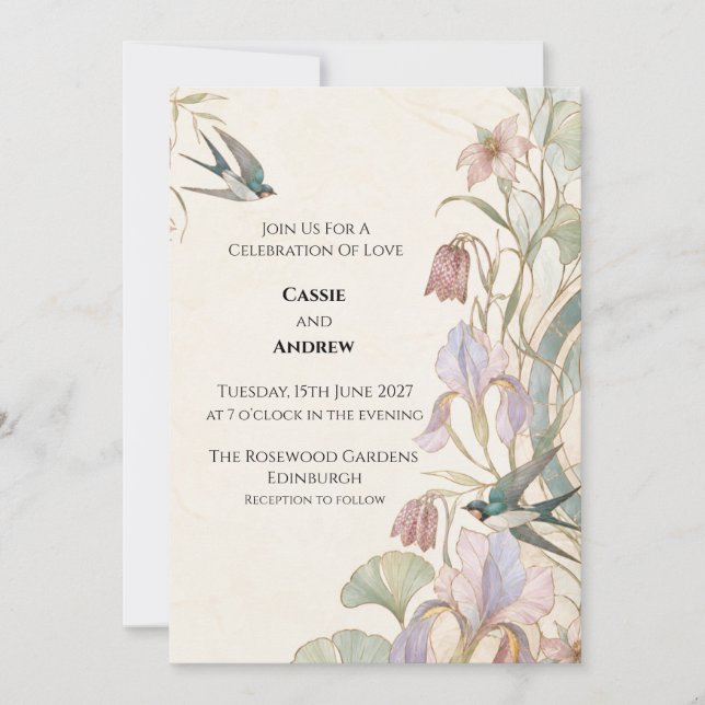 Convite Casamento no Jardim de Íris com Estilo Art Nouveau (Frente)