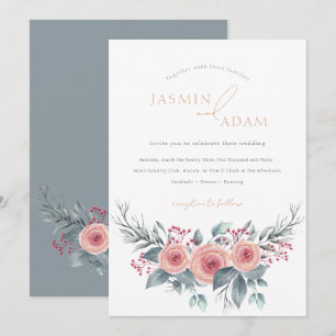 Convite Casamento no Jardim de Rosas Azul Empoeirado Elega