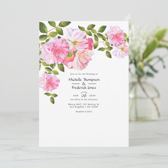 Convite Casamento no Jardim de Rosas Rosa (Em pé/Frente)