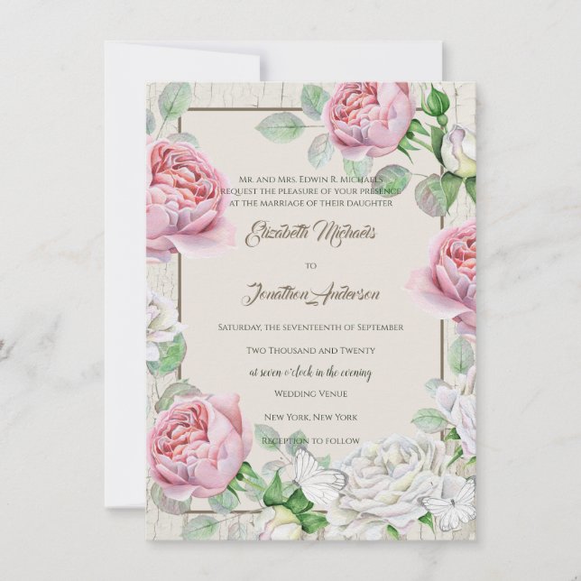 Convite Casamento no Jardim de Rosas Rosa (Frente)