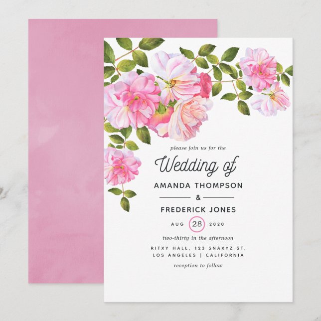 Convite Casamento no Jardim de Rosas Rosa (Frente/Verso)