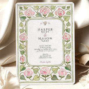 Convite Casamento no Jardim de Rosas Rosa Art Nouveau Eleg