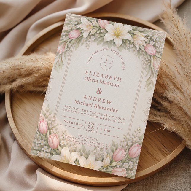 Convite Casamento no Jardim de Tulipas e Lírios Rosa (Criador carregado)