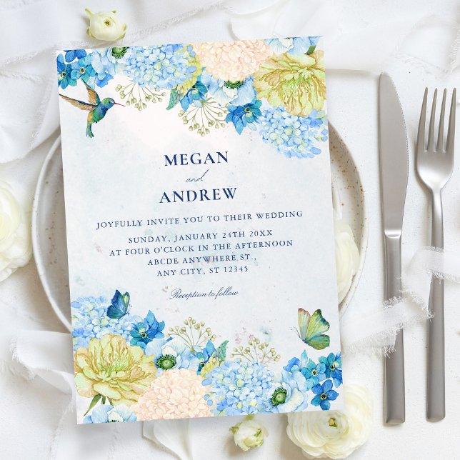Convite Casamento no jardim floral azul (Criador carregado)