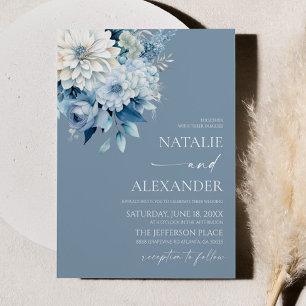 Convite Casamento no Jardim Floral Branco Azul Empoeirado