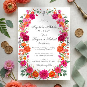 Convite Casamento no Jardim Floral Cor-de-Rosa e Laranja V