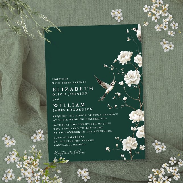 Convite Casamento no Jardim Floral de Chinoiserie Verde Es (Emerald Green Chinoiserie Floral Garden Wedding Invitation)