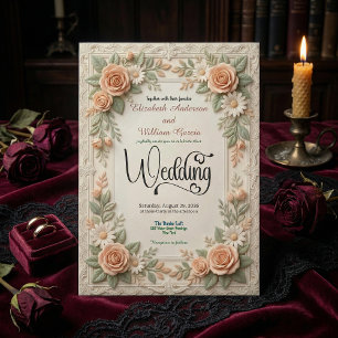 Convite Casamento no Jardim Floral em Pastel Pêssego e Ver