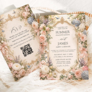Convite Casamento no Jardim Floral Inglês Regência QR RSVP