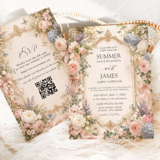 Convite Casamento no Jardim Floral Inglês Regência QR RSVP