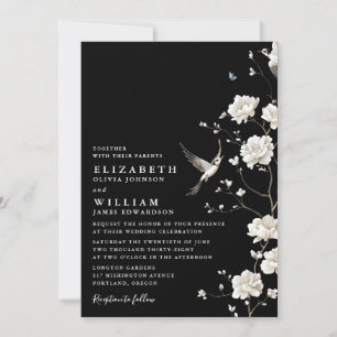 Convite Casamento no Jardim Floral Preto e Branco Chinoise