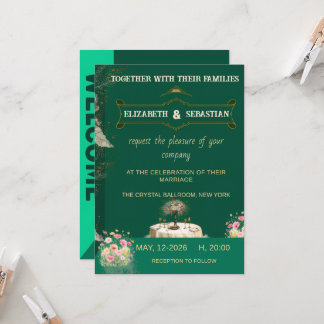 Convite Casamento no Jardim Floral Vintage Verde Esmeralda
