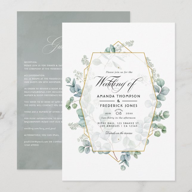 Convite Casamento no Jardim Geométrico de Eucalipto (Frente/Verso)