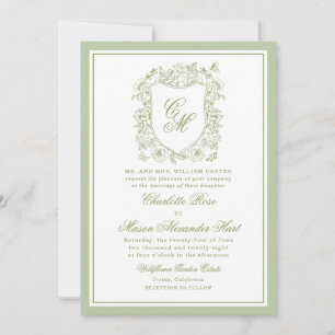 Convite Casamento no Jardim Monograma Crista Verde Sage