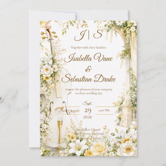 Convite Casamento no Jardim Musical Elegante (Frente)