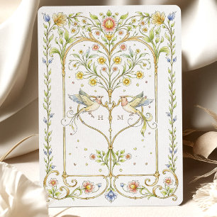 Convite Casamento no Jardim Vitoriano com Flores e Pássaro