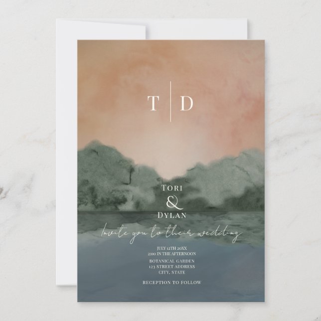 Convite Casamento no lago com montanhas inspiradas em aqua (Frente)