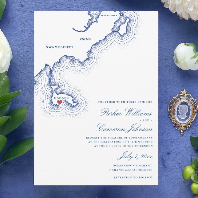 Convite Casamento no Oceanview de Nahant Mapa do Casamento (Nahant MA Map Wedding Invitation for an elegant Navy Blue New England destination wedding)