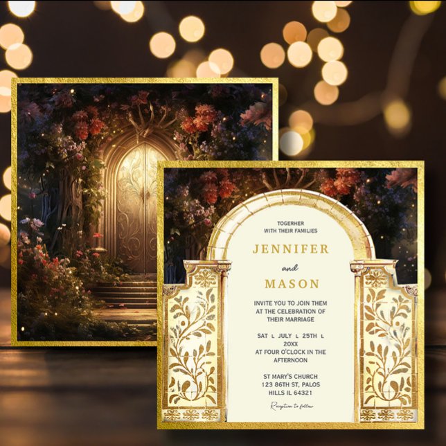 Convite Casamento no Portão do Jardim Encantado (Enchanted Garden Gate Wedding Invitation #zazzlemade #dreamyinvitation #gardengatewedding#decorative)