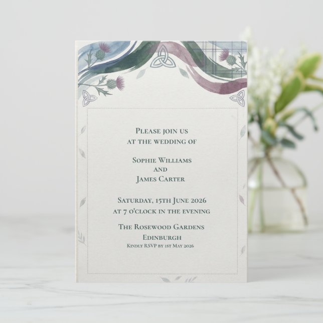 Convite Casamento no Tartan do Cardo Celta Escocês (Em pé/Frente)