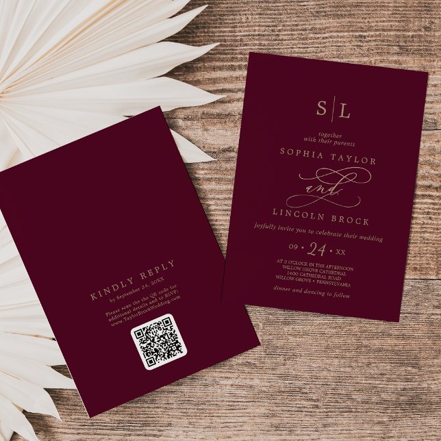 Convite Casamento no verso do código QR do monograma burgu (Romantic Burgundy Monogram QR Code Back Wedding Invitation)