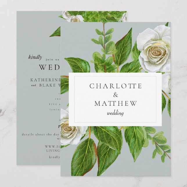 Convite Casamento no website Elegante White Rose Greenery (Frente/Verso)