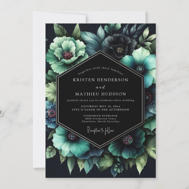 Convite Casamento Nocturno Botânico Turquesa (Frente)