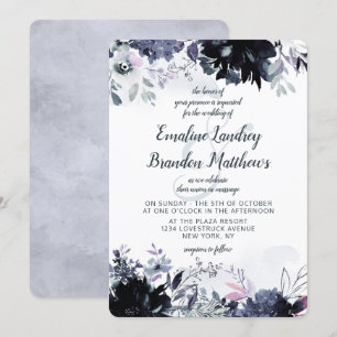 Convite Casamento Nocturno Floral Aquarela Azul Poeirento