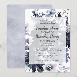 Convite Casamento Nocturno Floral Aquarela Azul Poeirento