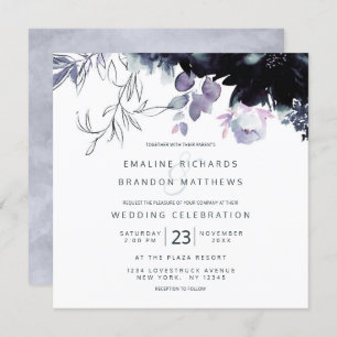 Convite Casamento Nocturno Floral Dusty Blue Square