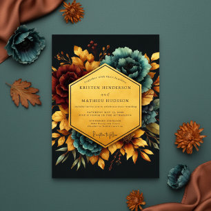 Convite Casamento Nocturno Floral em Burgundy e Turquesa
