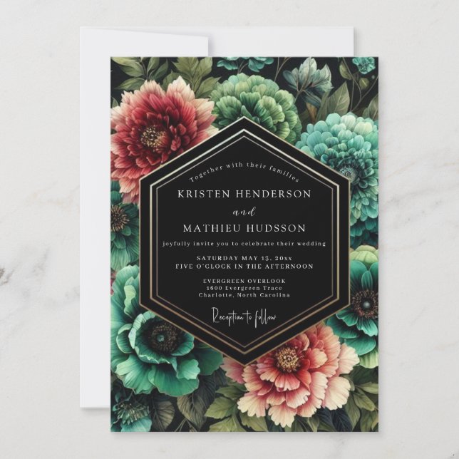 Convite Casamento Nocturno Floral Turquesa (Frente)