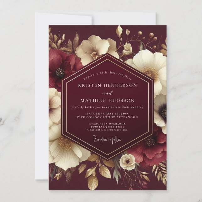 Convite Casamento Nocturno Marfim Borgonha (Frente)