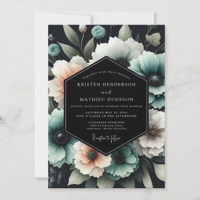 Convite Casamento Nocturno Teal Bloom (Frente)