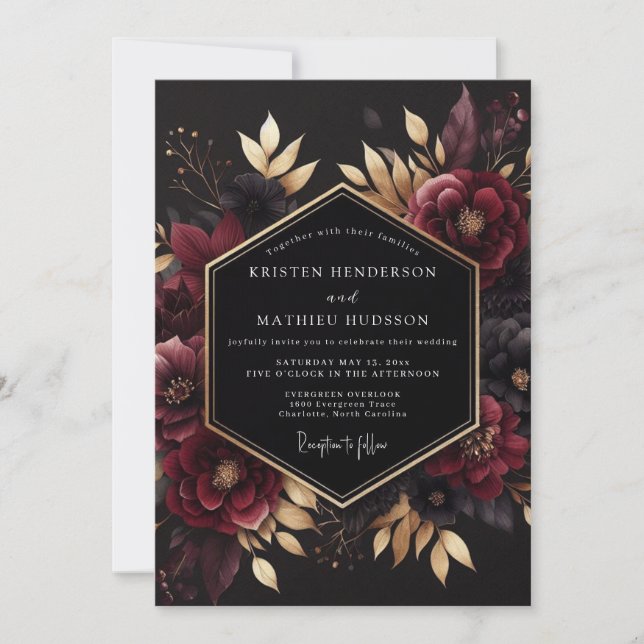 Convite Casamento Noir Dourado Borgonha (Frente)