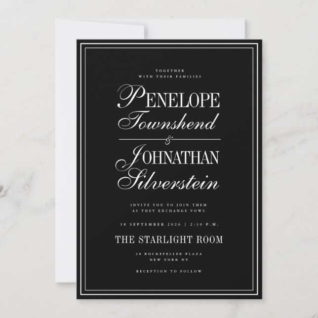 Convite Casamento Nomes em Serif Script Preto Branco Gótic (Frente)