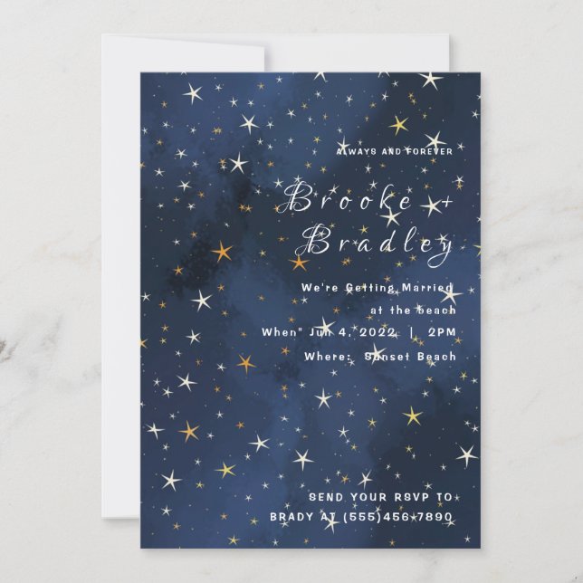 Convite Casamento Noturno Azul Profundo Estrelado (Frente)