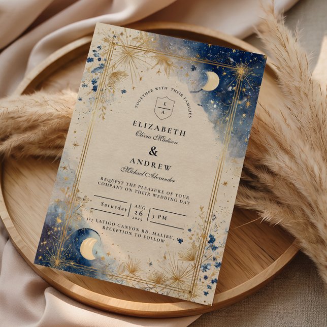 Convite Casamento Noturno Celestial Dourado (Criador carregado)