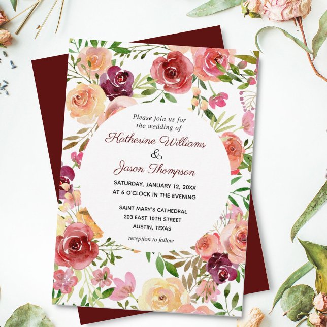 Convite Casamento noturno de Elegante Burgundy Floral (Criador carregado)