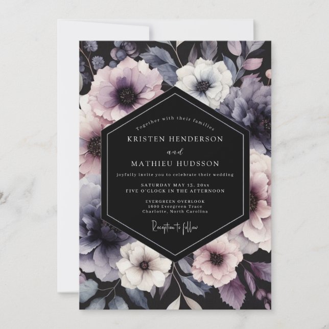 Convite Casamento Noturno de Plumagem Violeta (Frente)