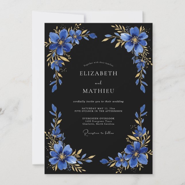 Convite Casamento Noturno Dourado Azul Real (Frente)