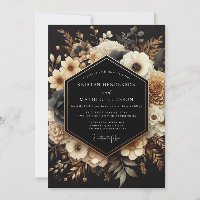 Convite Casamento Noturno Dourado Carvão (Frente)