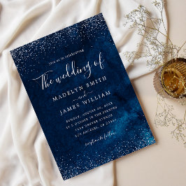 Convite Casamento Noturno Estrelado com Brilho Prata Azul-