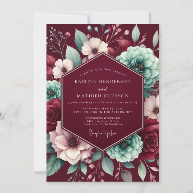 Convite Casamento Noturno Floral Borgonha (Frente)
