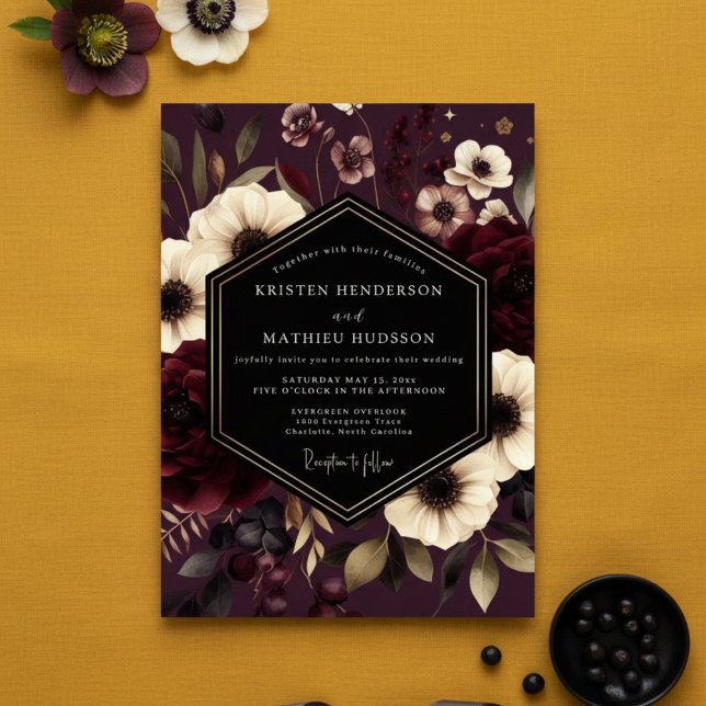 Convite Casamento Noturno Floral Borgonha (Criador carregado)